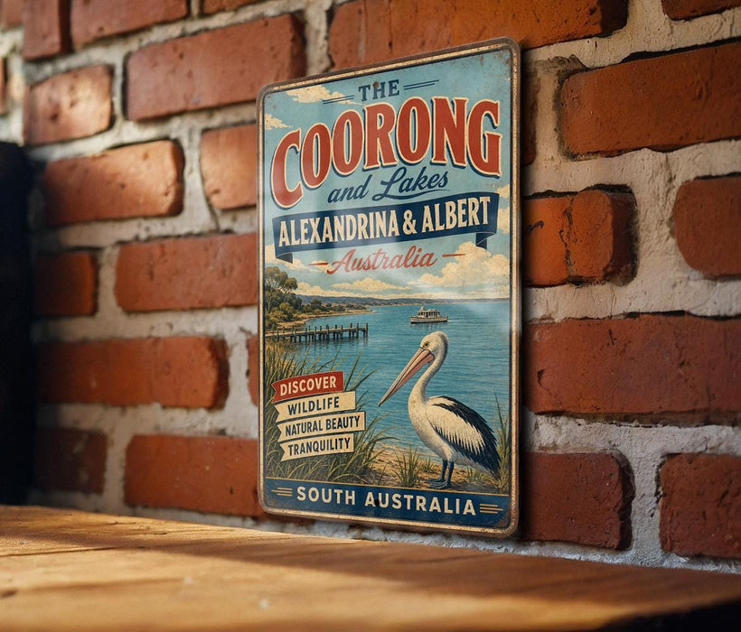 A vintage-style metal sign with text and an illustration of a bird, mounted on a brick wall.