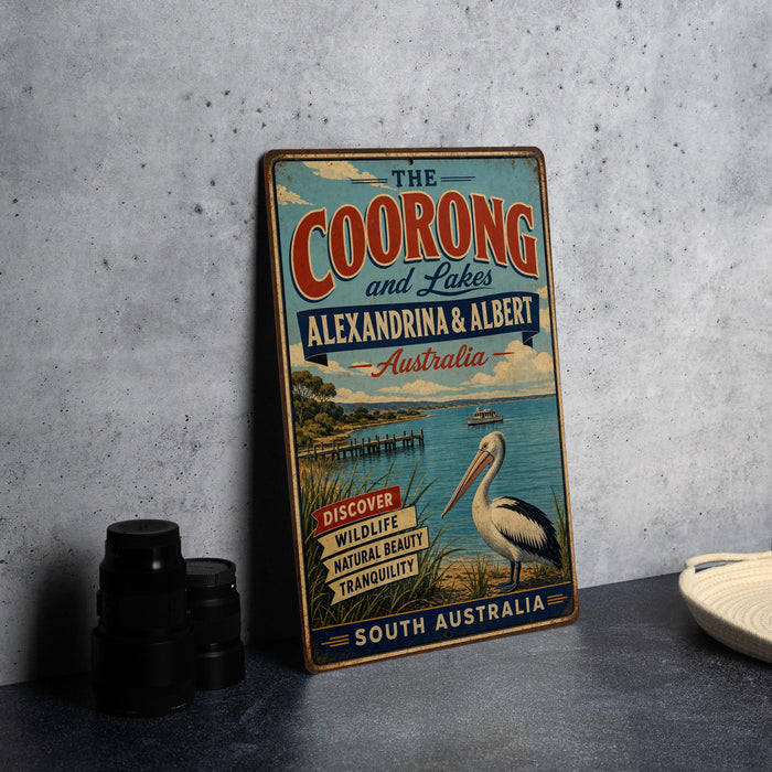A vintage-style metal sign for "The Coorong and Lakes" in Australia, featuring a large image of a pelican and text promoting the area's attractions.