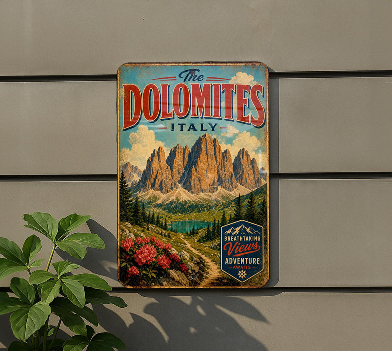 A vintage-style metal sign with the text "The Dolomites Italy" and a mountain landscape illustration, mounted on a wall.