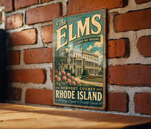 A vintage-style metal sign with the text "The Elms" and "A Gilded Age Treasure" is displayed on a brick wall.