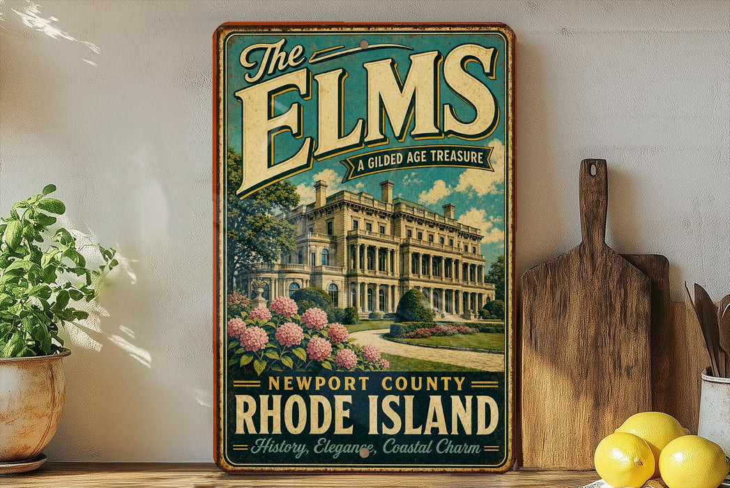 A vintage-style sign for "The Elms" in Newport County, Rhode Island, featuring a large illustration of a mansion surrounded by flowers and greenery.