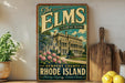 A vintage-style sign for "The Elms" in Newport County, Rhode Island, featuring a large illustration of a mansion surrounded by flowers and greenery.