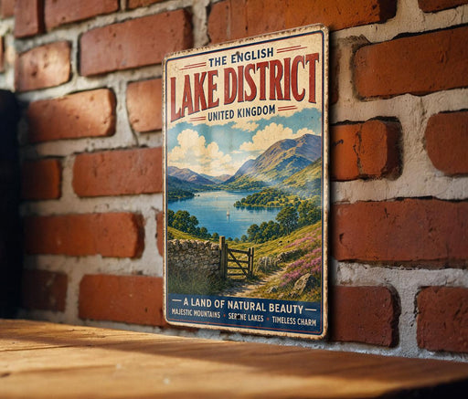 A vintage-style sign for "The English Lake District" in the United Kingdom, featuring a scenic landscape with mountains, a lake, and a path leading to a stone wall.