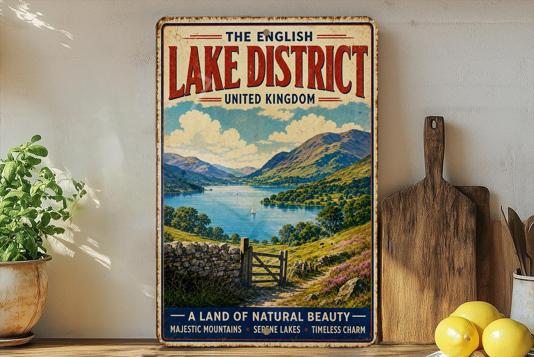 A vintage-style metal sign advertising the Lake District, United Kingdom, featuring a scenic landscape with mountains, lakes, and a wooden fence.
