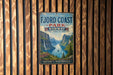 A vintage metal sign for Fjord Coast Park in Norway, featuring a scenic mountain landscape with a lake and waterfall.