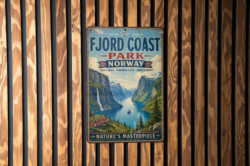A vintage metal sign for Fjord Coast Park in Norway, featuring a scenic mountain landscape with a lake and waterfall.