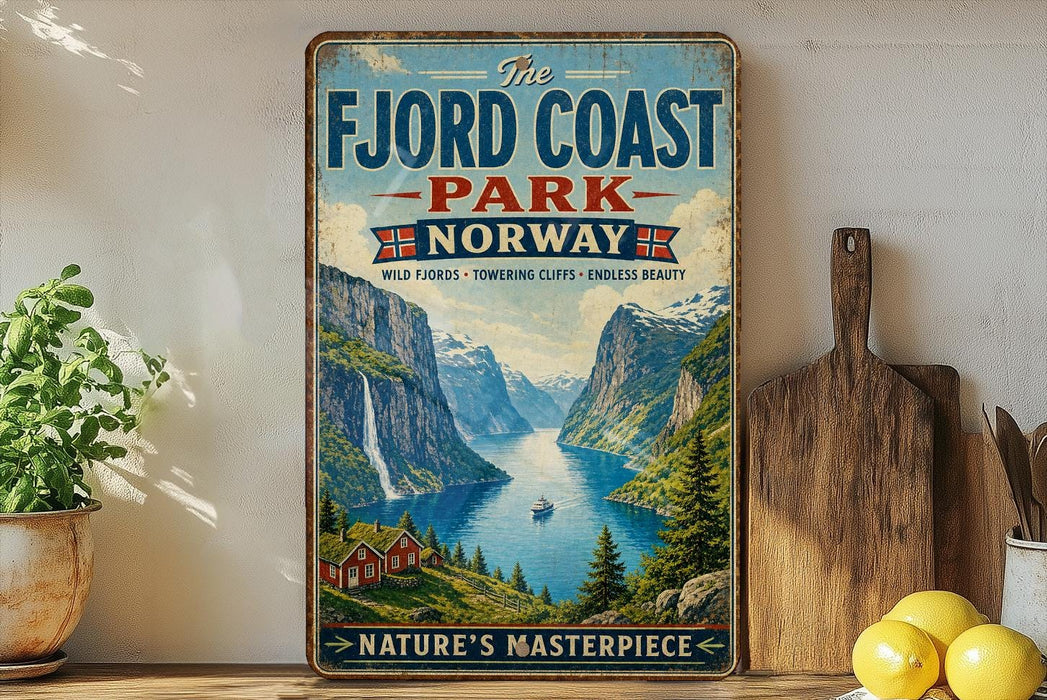 a vintage-style sign for Fjord Coast Park, Norway, with a scenic mountain landscape and a small boat on the water.