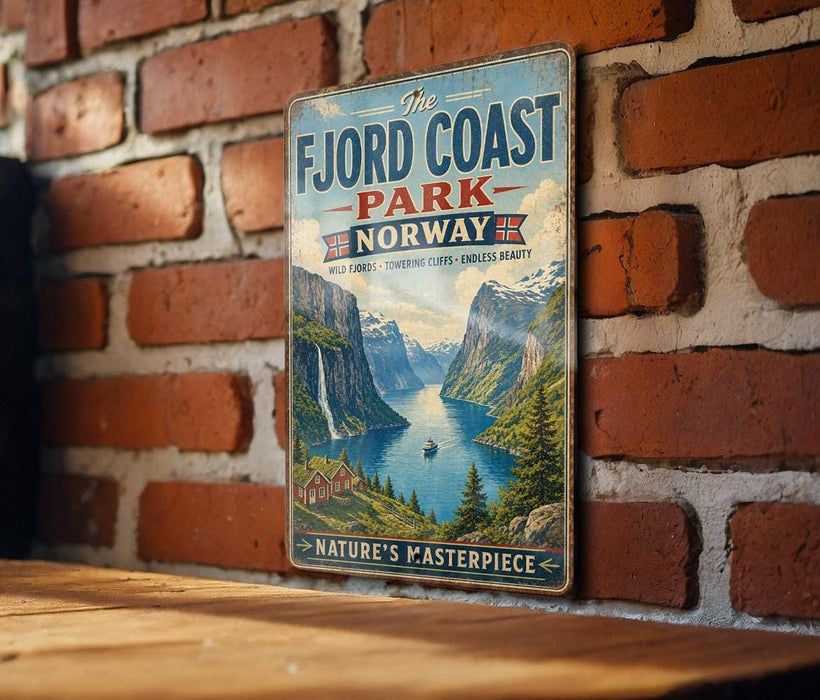 a vintage-style metal sign with a scenic mountain landscape and a small boat on a lake, mounted on a brick wall.