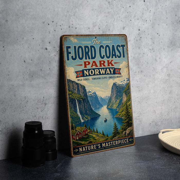 A vintage-style metal sign for "The Fjord Coast Park in Norway" is displayed on a gray wall, featuring a scenic image of a fjord surrounded by mountains and a waterfall.