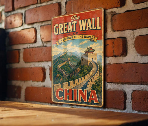 A vintage-style metal sign with the text "The Great Wall of China" and a depiction of the iconic wall, mounted on a brick wall.