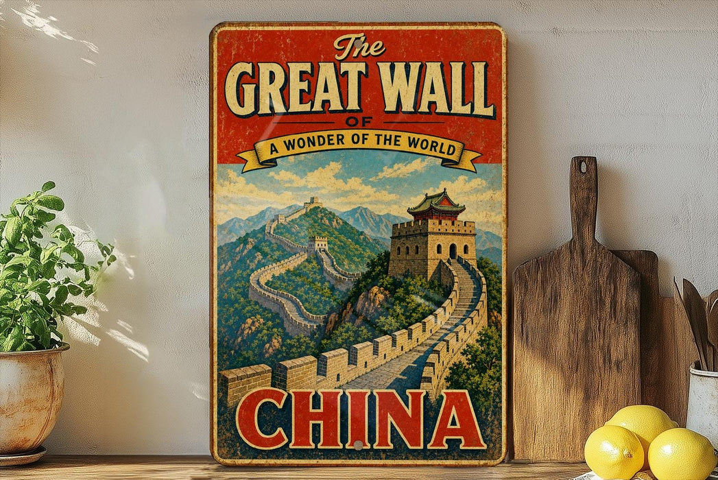 A vintage-style metal sign with the text "The Great Wall of China" and a picture of the iconic wall, placed on a shelf next to a wooden cutting board and some potted plants.
