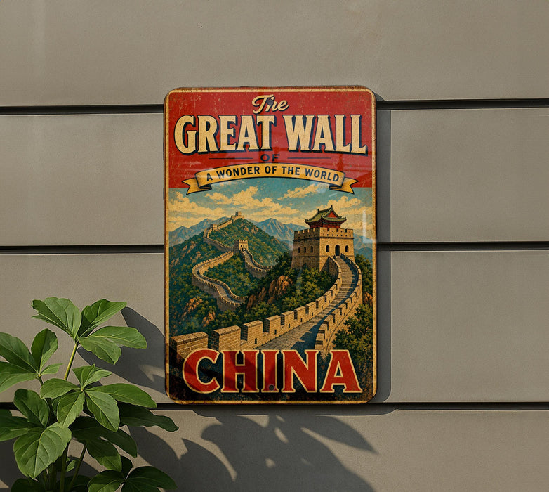 A vintage-style sign that reads "The Great Wall of China" and features an illustration of the iconic wall.