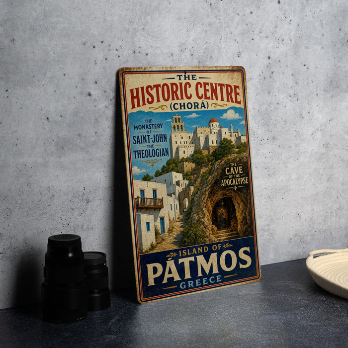 A vintage-style metal sign advertising "The Historic Centre Chora" in Greece, featuring a scenic image of a Greek island with white buildings and a cave.