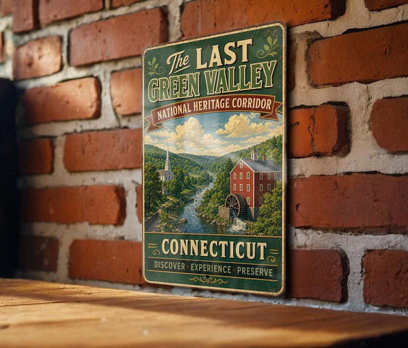 A vintage-style metal sign for "The Last Green Valley" National Heritage Corridor in Connecticut, featuring a scenic illustration of a river, buildings, and a church.