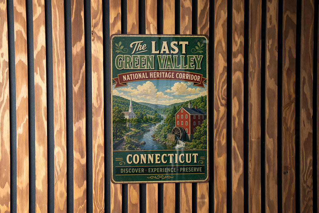 A vintage-style metal sign for the "Last Green Valley National Heritage Corroborator" in Connecticut, featuring a scenic landscape with a river, buildings, and a church.
