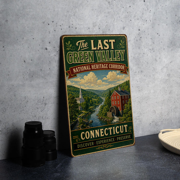 a vintage-style metal sign for "The Last Green Valley National Heritage Corridor" in Connecticut, with a scenic illustration of a river, buildings, and a church.