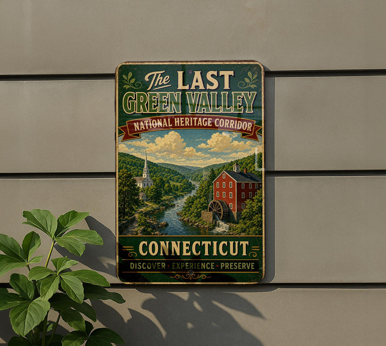 A vintage-style metal sign for "The Last Green Valley National Heritage Corridor" in Connecticut, featuring a scenic illustration of a river, buildings, and a church.