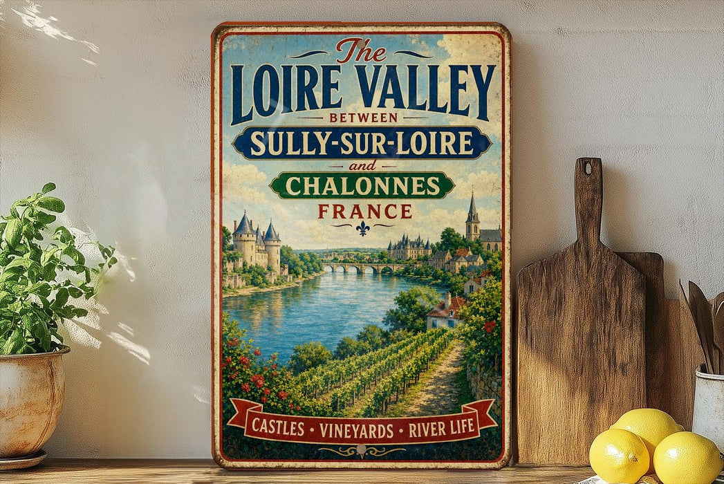 A vintage-style metal sign with a scenic image of the Loire Valley between Sully-sur-Loire and Chalonnes, France, featuring vineyards, castles, and a river.