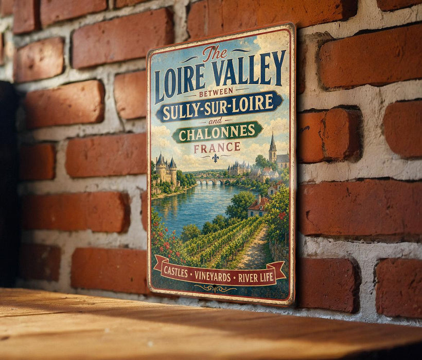 A vintage metal sign with text and a painting of a river and castle in the background, mounted on a brick wall.
