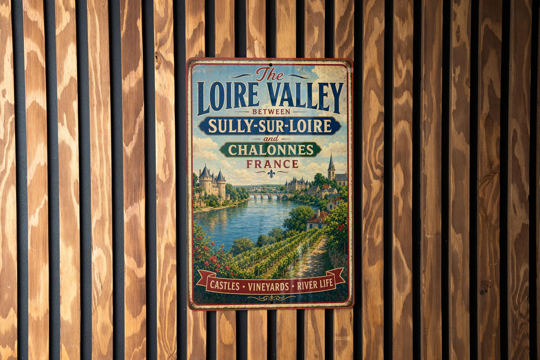 A vintage metal sign with text and a painting of a valley, mounted on a wooden wall.