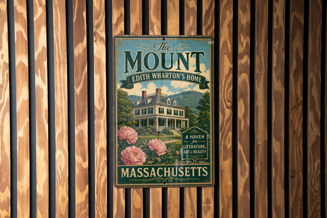 A vintage metal sign for "The Mount Edith Wharton's Home" in Massachusetts, featuring a large house surrounded by trees and pink flowers.