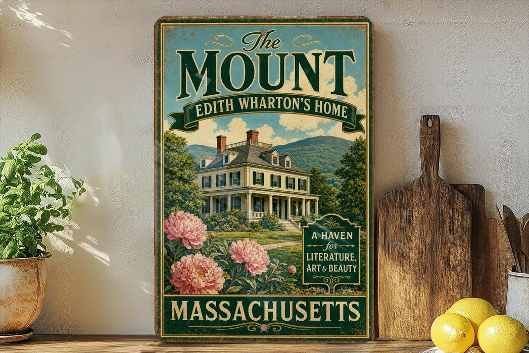 a vintage-style sign for Edith Wharton's home in Massachusetts, with a large illustration of the house surrounded by flowers and greenery.