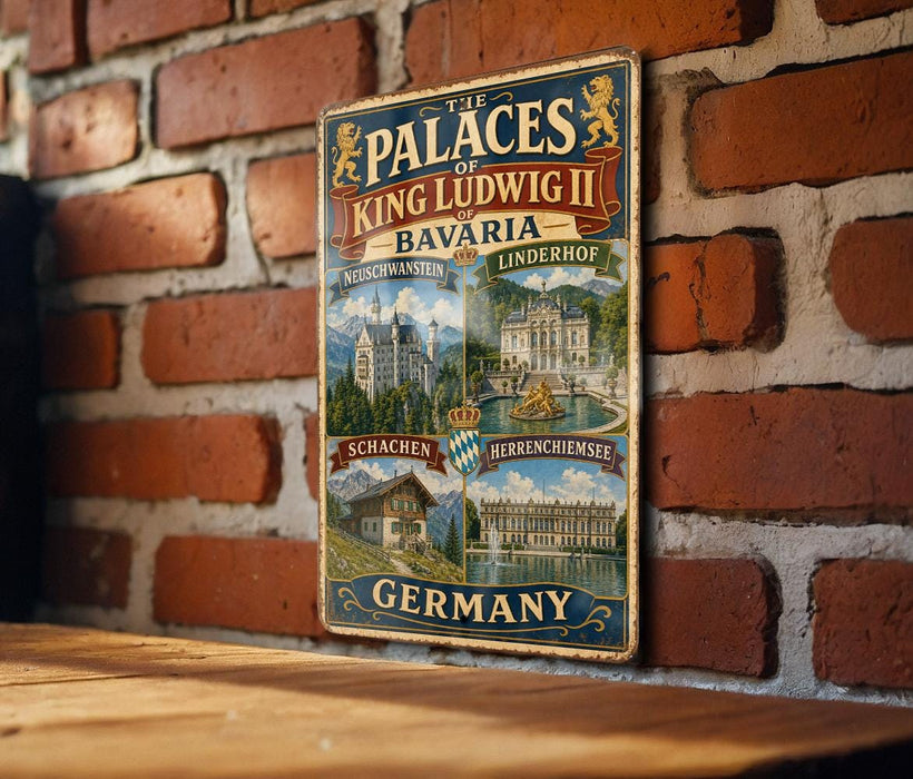 a vintage metal sign with illustrations of various landmarks and buildings, including a castle, a palace, and a church, all set against a brick wall.