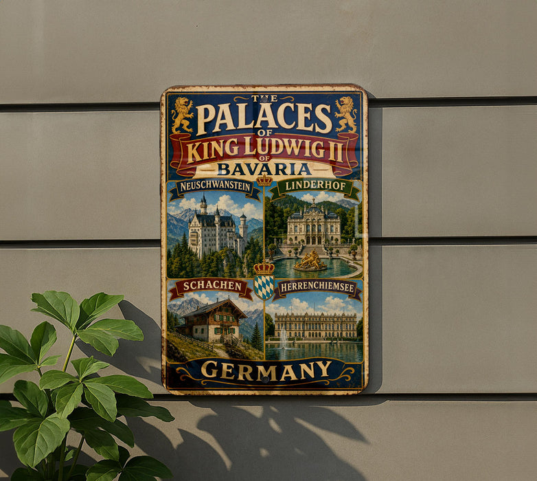 a vintage metal sign with illustrations of various landmarks and buildings, including the Palaces of King Ludwig II in Bavaria, Germany.