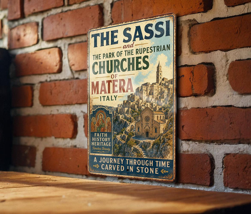 A vintage metal sign with the title "THE SASSI and THE PARK OF THE RUPESTRIAN CHURCHES OF MATERA ITALY" is displayed on a brick wall.