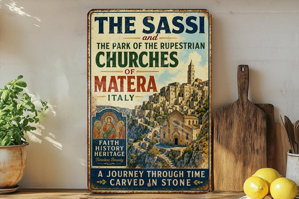 A vintage-style metal sign with text and an illustration of a town, placed on a wooden surface next to a wooden cutting board and a potted plant.