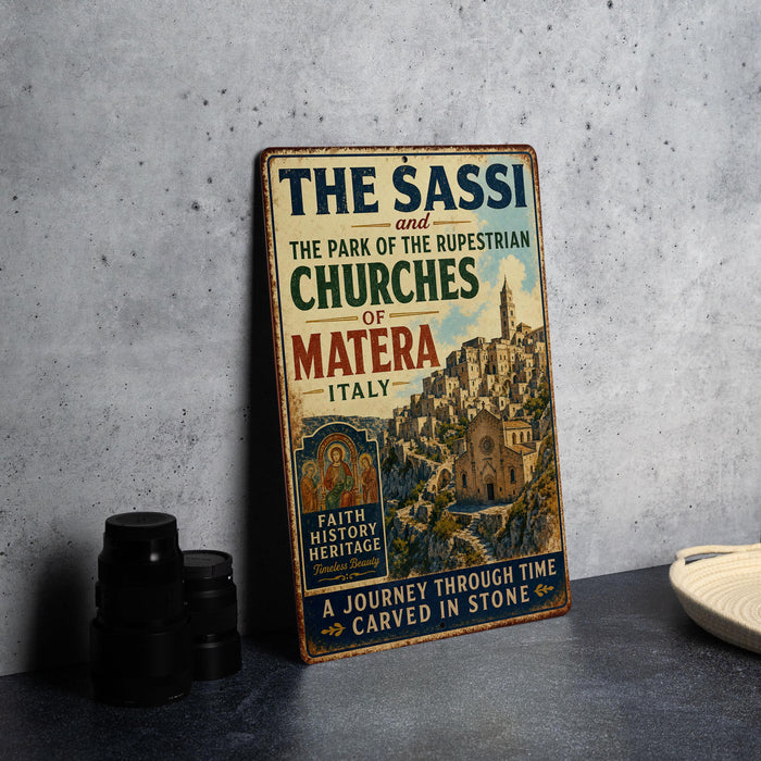 A vintage metal sign with text and an illustration of a cityscape, placed on a gray countertop next to some black camera lenses.