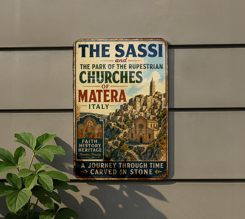 a vintage metal sign with a picture of a cityscape and text, mounted on a wall next to a plant.