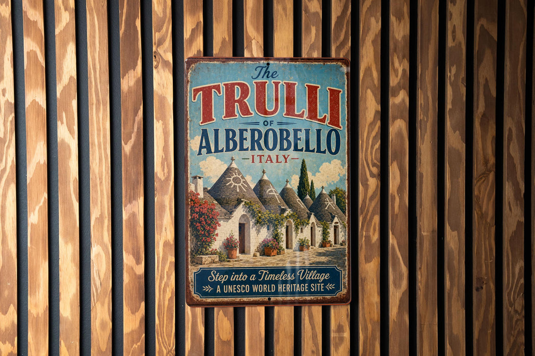 A vintage-style metal sign with the text "The TRULLI of ALBEROBELLO ITALY" and an illustration of a village, hanging on a wooden wall.