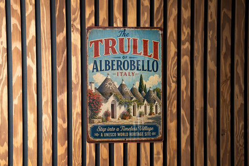 A vintage-style metal sign with the text "The TRULLI of ALBEROBELLO ITALY" and an illustration of a village, hanging on a wooden wall.