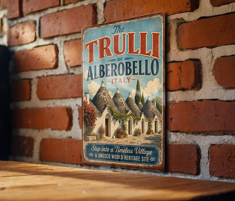 A vintage-style metal sign with the text "The TRULLI of ALBEROBELO ITALY" and an illustration of a village with thatched roofs, hanging on a brick wall.