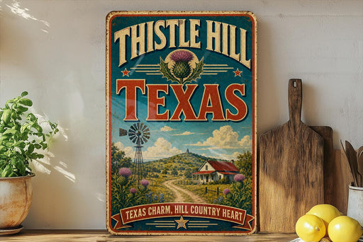 A vintage-style metal sign for Thistle Hill, Texas, featuring a scenic countryside landscape with a windmill, flowers, and a house.