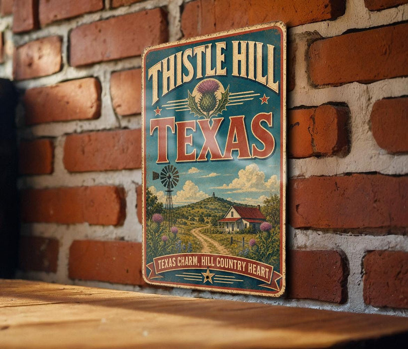 A vintage-style sign for Thistle Hill, Texas, mounted on a brick wall.