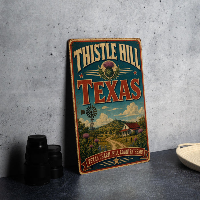 A vintage-style metal sign for Thistle Hill, Texas, featuring a scenic countryside landscape with a windmill and a house.