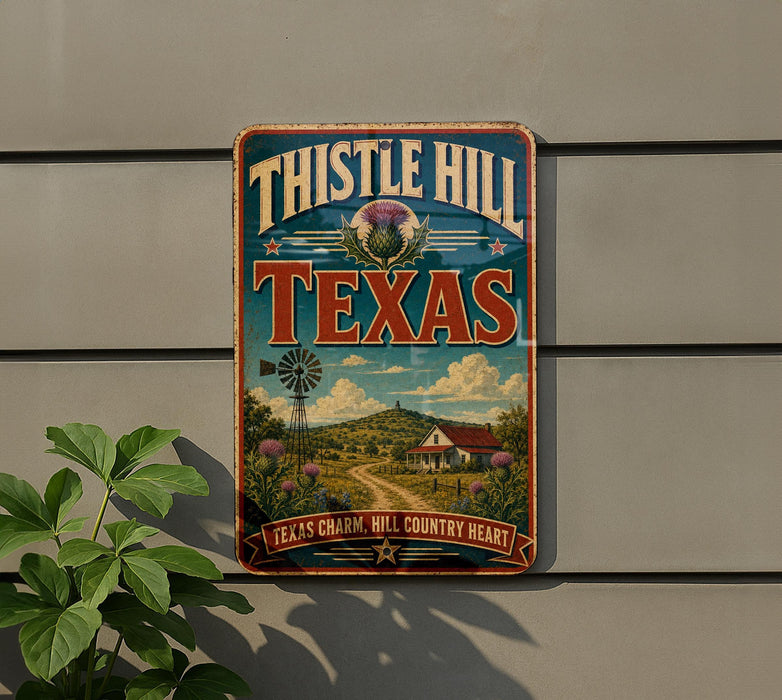 A vintage-style metal sign with the text "THISTLE HILL TEXAS" and a scenic illustration of a rural landscape with a windmill, house, and flowers.