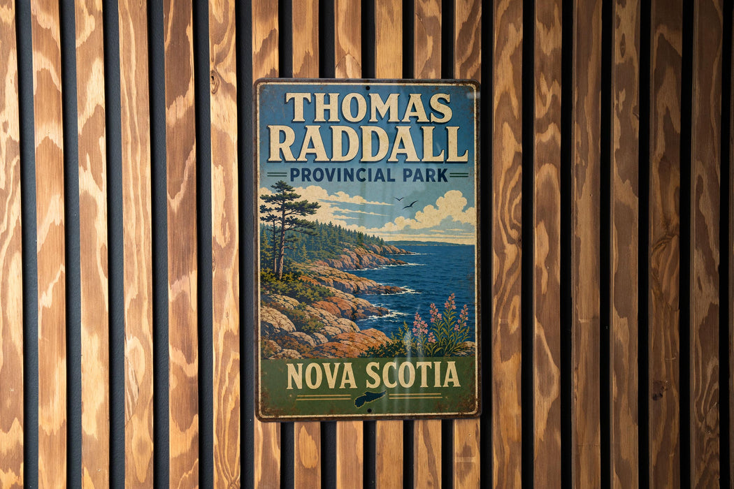 A vintage-style metal sign for Thomas Radall Provincial Park in Nova Scotia, featuring a scenic landscape with a rocky coastline, pine trees, and a body of water.