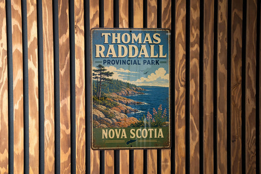 A vintage-style metal sign for Thomas Radall Provincial Park in Nova Scotia, featuring a scenic landscape with a rocky coastline, pine trees, and a body of water.