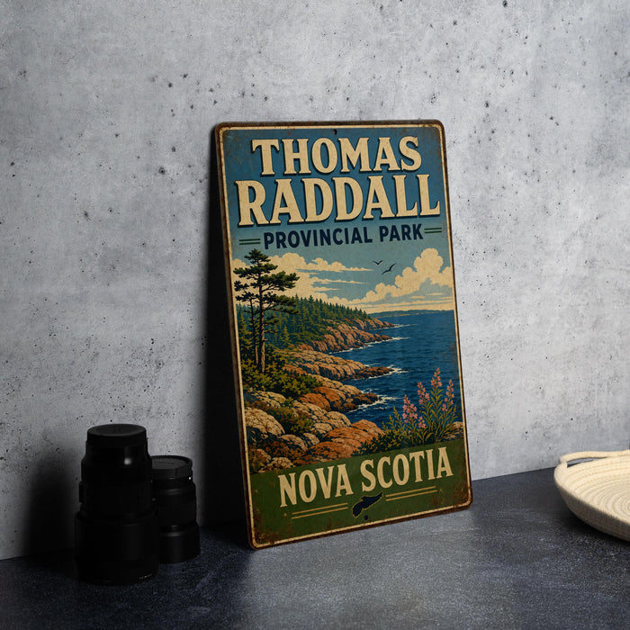 A vintage-style metal sign for Thomas Raddall Provincial Park in Nova Scotia, featuring a scenic landscape with a rocky coastline, trees, and a body of water.