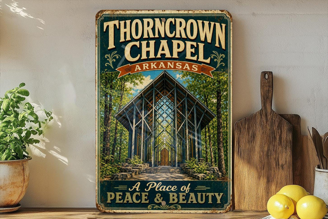 A vintage-style sign for the "Thorncrown Chapel" in Arkansas, featuring an illustration of the chapel's wooden structure surrounded by trees.