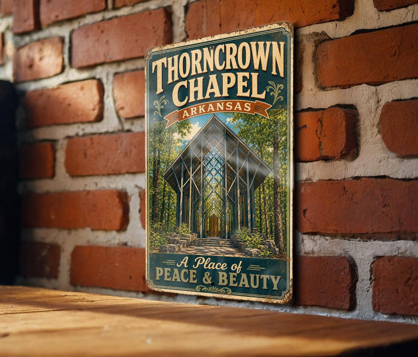 A vintage-style metal sign for the "Thorncrown Chapel" in Arkansas, featuring an illustration of the chapel surrounded by trees and a path leading up to the entrance.