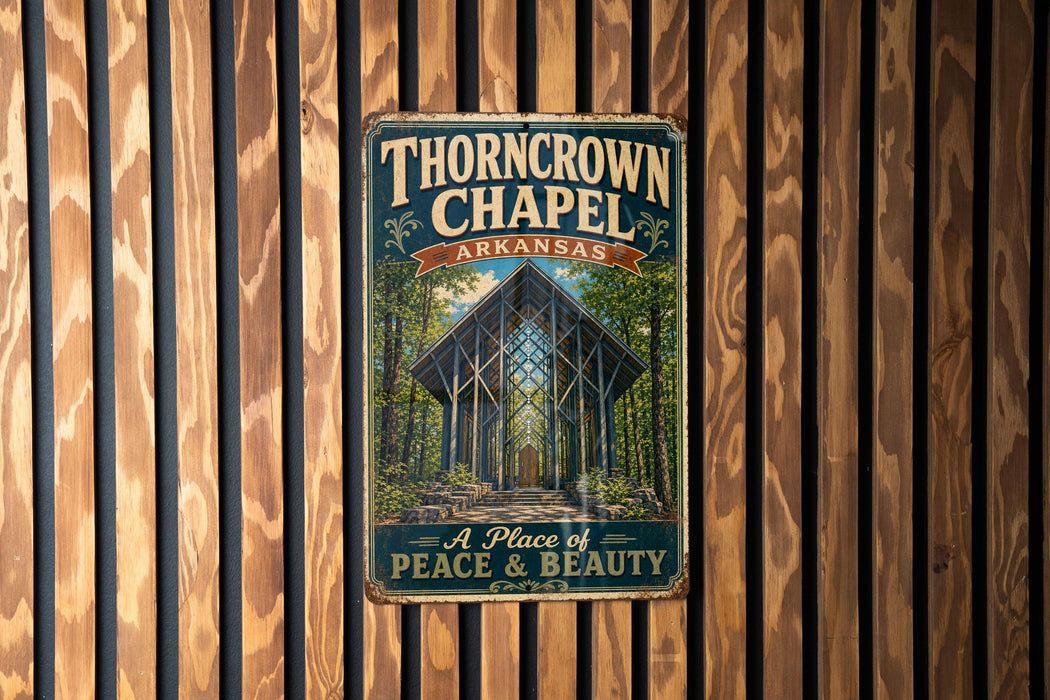 A vintage metal sign for the "Thorncrown Chapel" in Arkansas, featuring an illustration of the chapel's interior.
