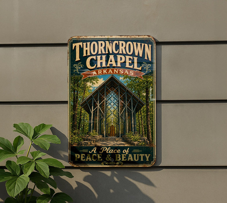 A vintage-style sign for the "Thorncrown Chapel" in Arkansas, featuring an illustration of the chapel's glass roof and surrounding landscape.