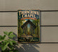 A vintage-style sign for the "Thorncrown Chapel" in Arkansas, featuring an illustration of the chapel's glass roof and surrounding landscape.