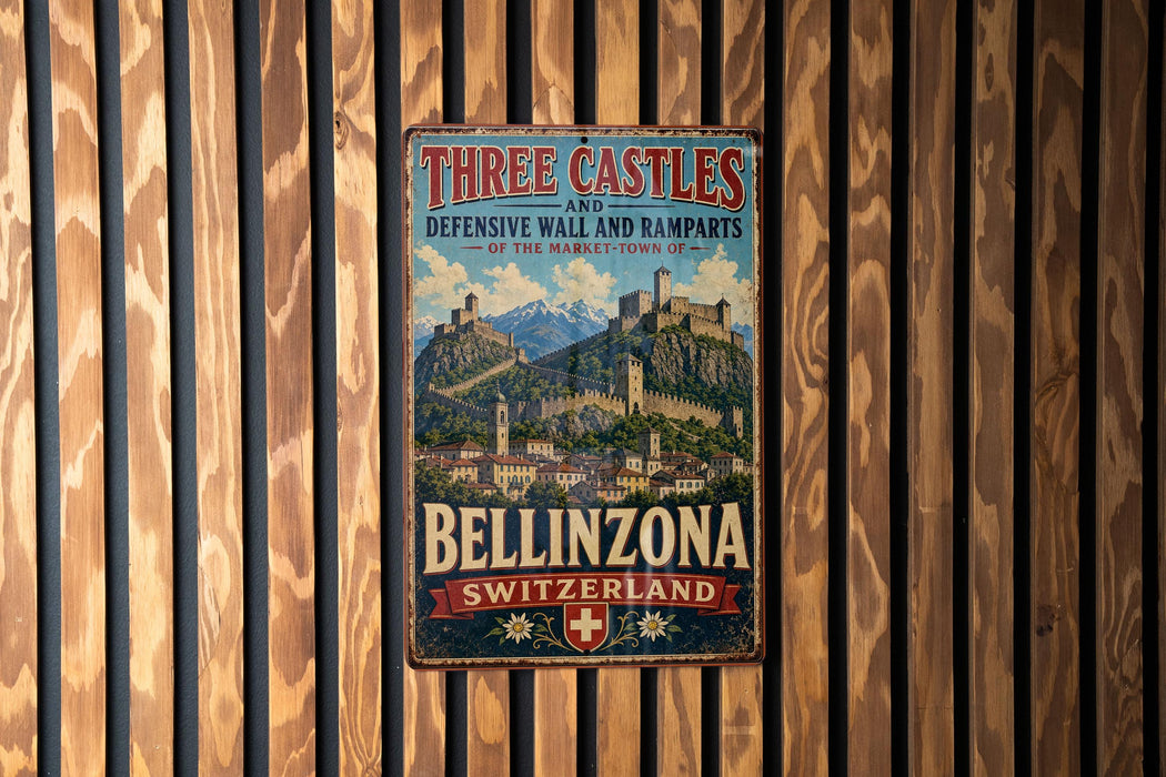 A vintage metal sign with the text "Three Castles and Defensive Wall and Ramparts of the Market-Town of Bellinzona SWITZERLAND" hanging on a wooden wall.