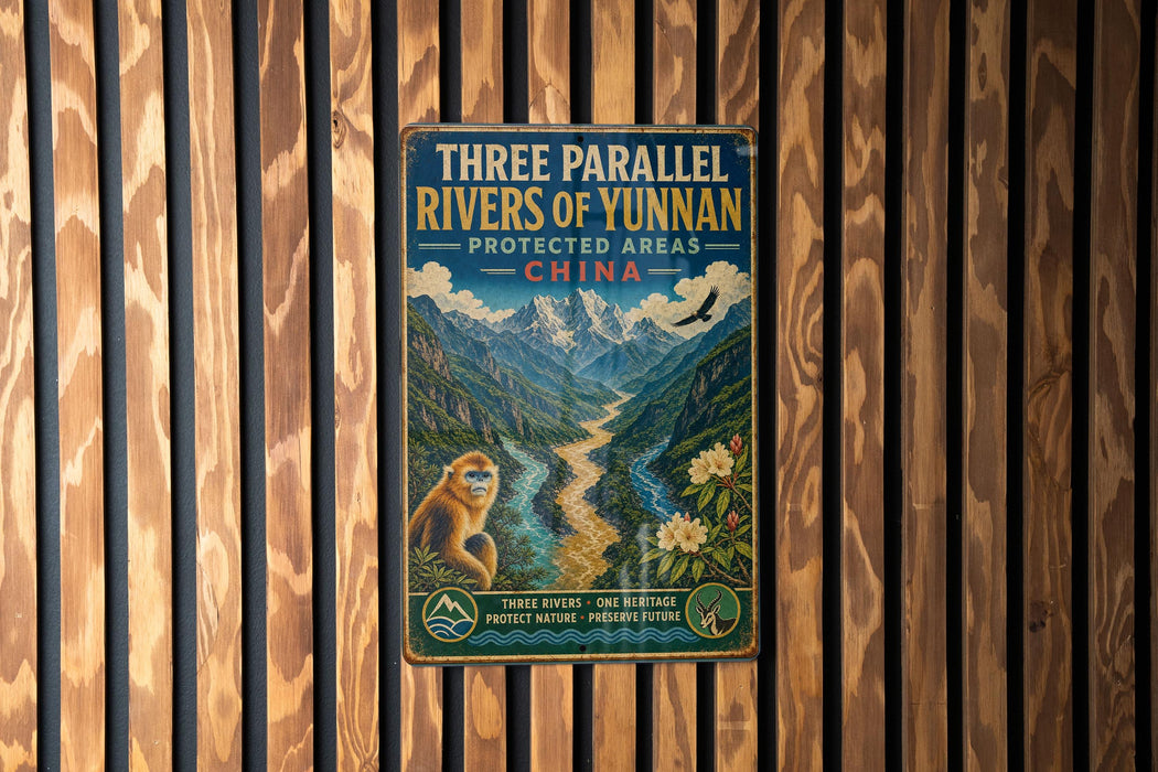 a vintage-style metal sign with a mountain landscape and a monkey, mounted on a wooden wall.