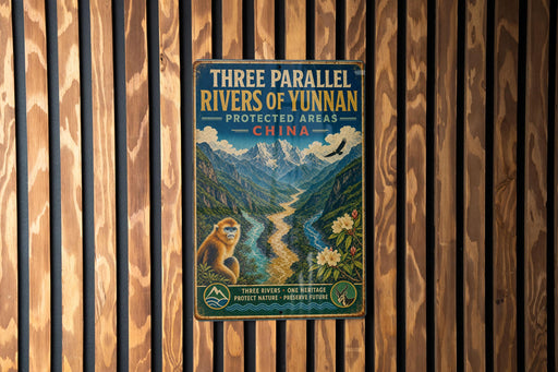 a vintage-style metal sign with a mountain landscape and a monkey, mounted on a wooden wall.